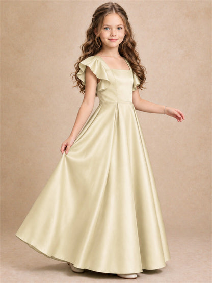 Satin Junior Bridesmaid Dress Ruffle Cap Sleeve Floor Length A Line Wedding Gown