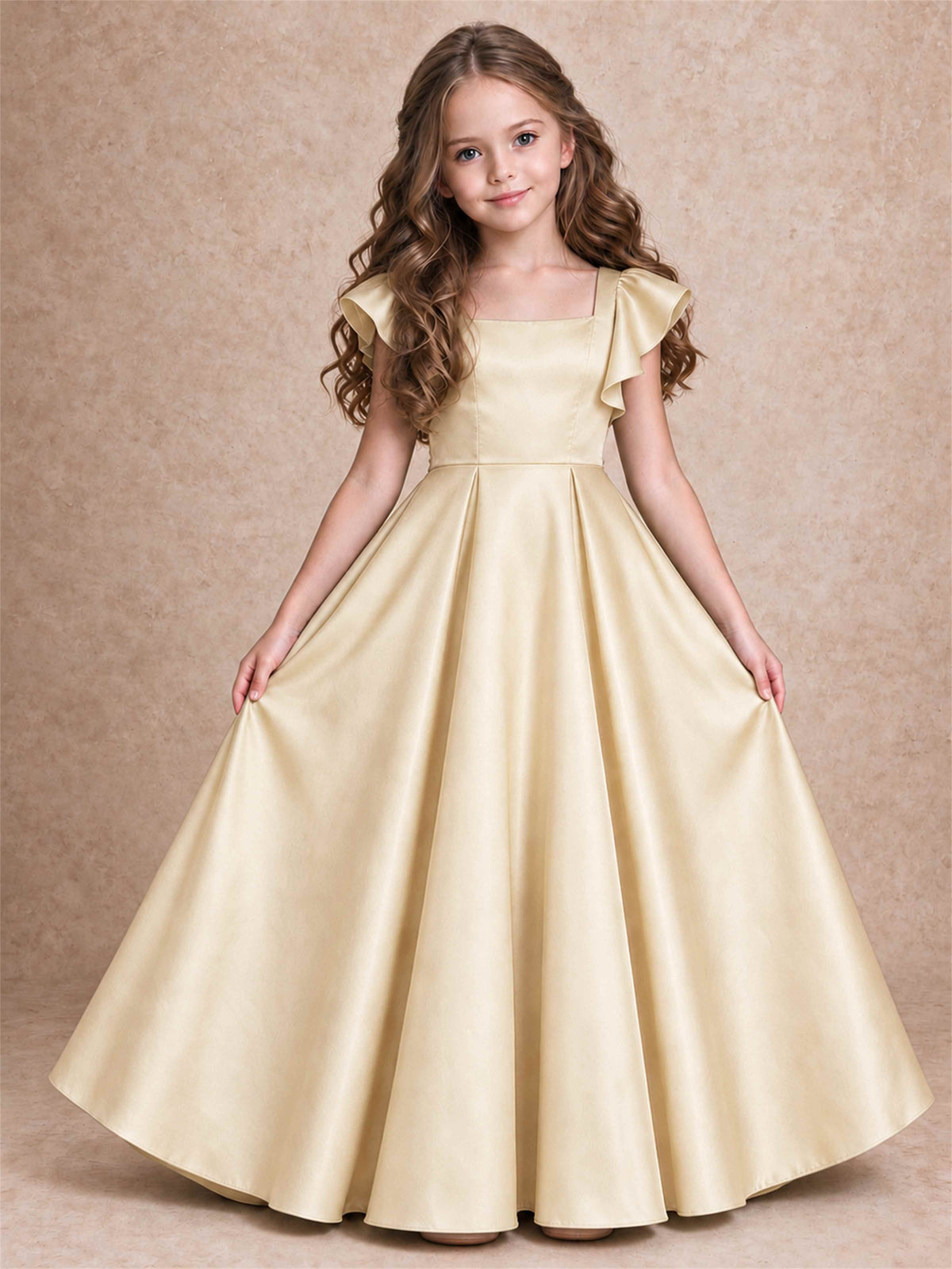 Satin Junior Bridesmaid Dress Ruffle Cap Sleeve Floor Length A Line Wedding Gown