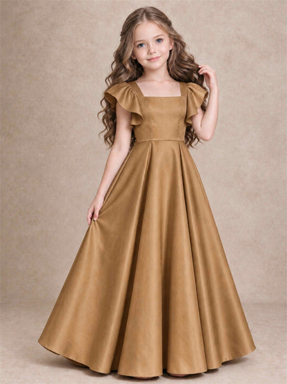 Satin Junior Bridesmaid Dress Ruffle Cap Sleeve Floor Length A Line Wedding Gown