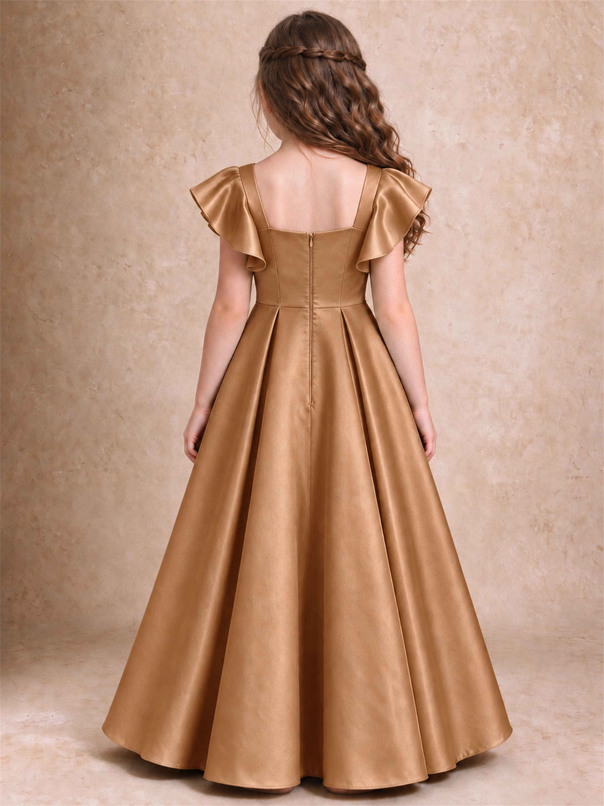 Satin Junior Bridesmaid Dress Ruffle Cap Sleeve Floor Length A Line Wedding Gown