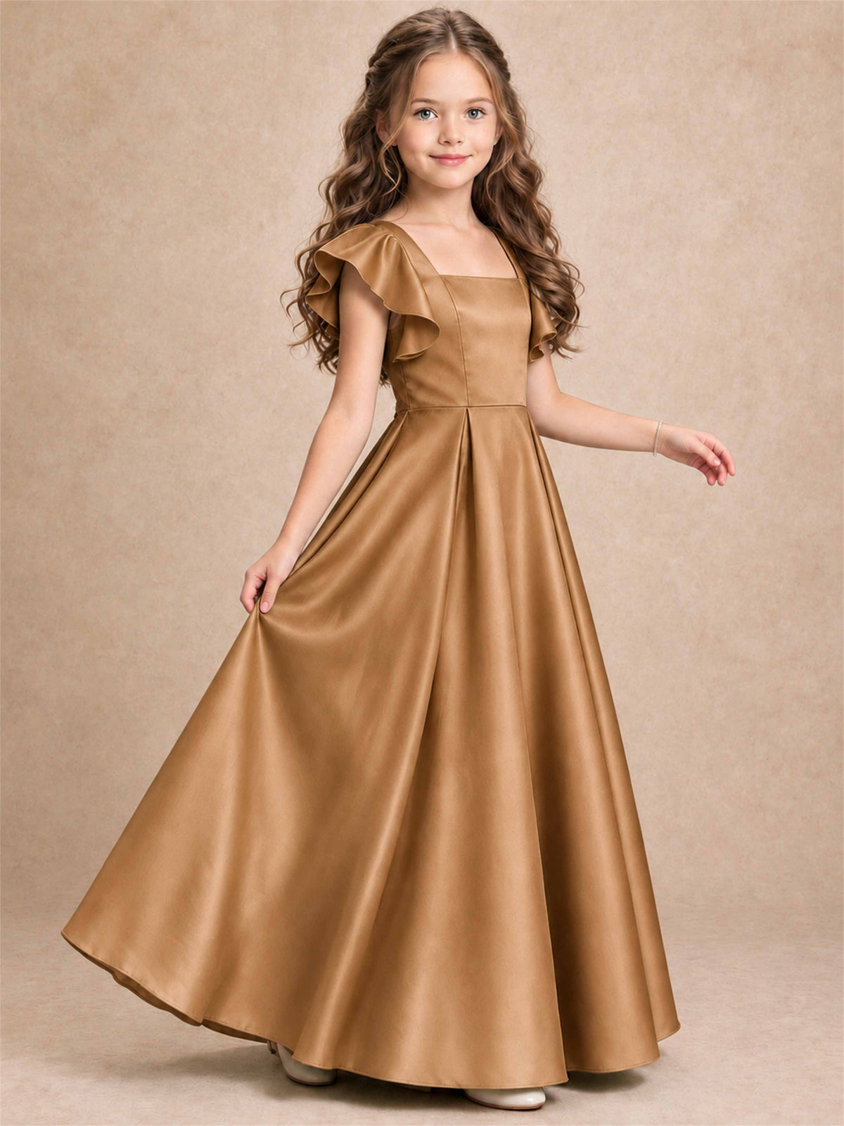 Satin Junior Bridesmaid Dress Ruffle Cap Sleeve Floor Length A Line Wedding Gown
