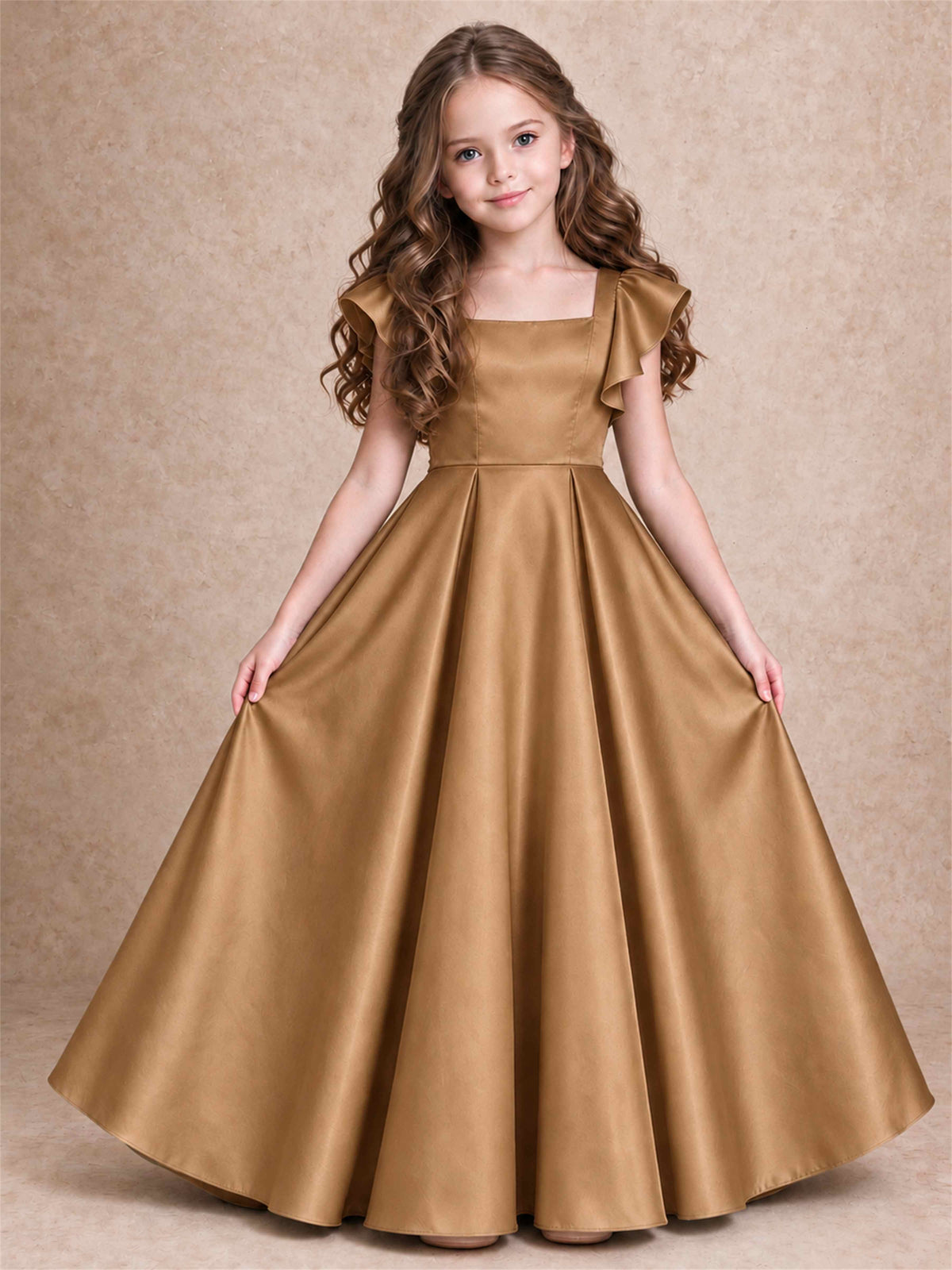 Satin Junior Bridesmaid Dress Ruffle Cap Sleeve Floor Length A Line Wedding Gown