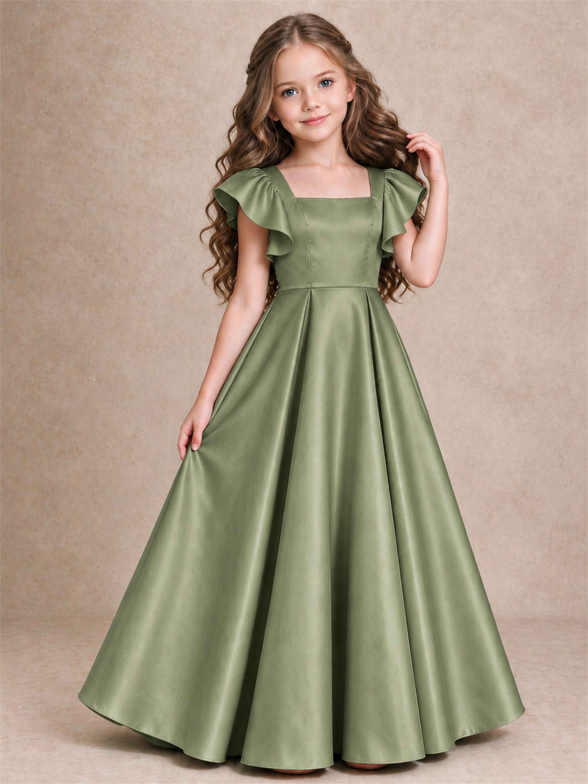 Satin Junior Bridesmaid Dress Ruffle Cap Sleeve Floor Length A Line Wedding Gown