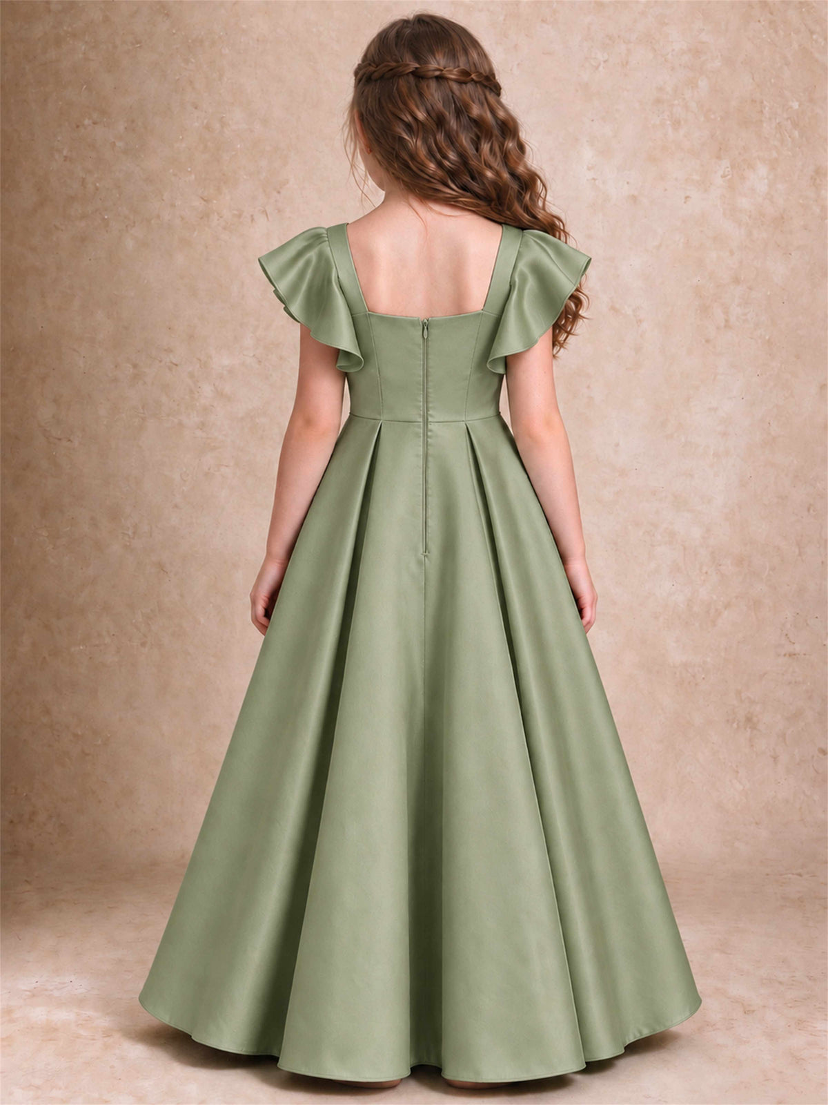 Satin Junior Bridesmaid Dress Ruffle Cap Sleeve Floor Length A Line Wedding Gown