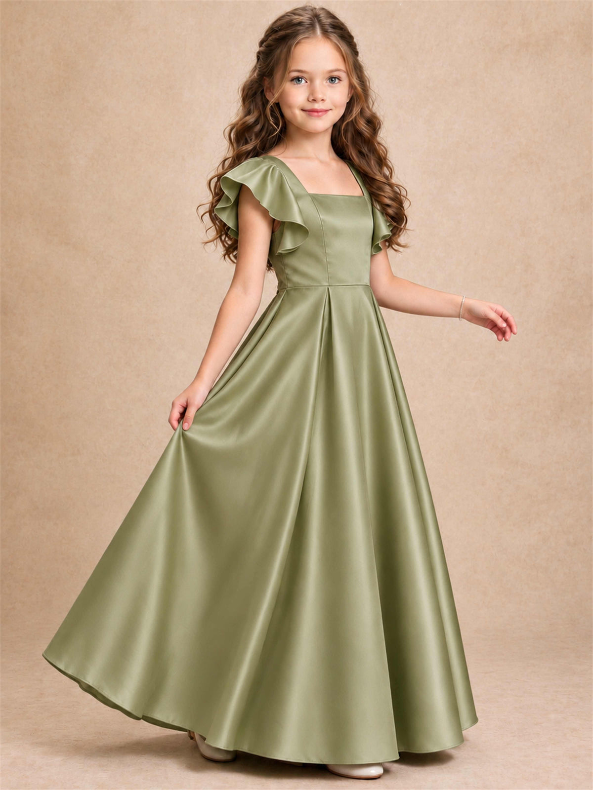Satin Junior Bridesmaid Dress Ruffle Cap Sleeve Floor Length A Line Wedding Gown