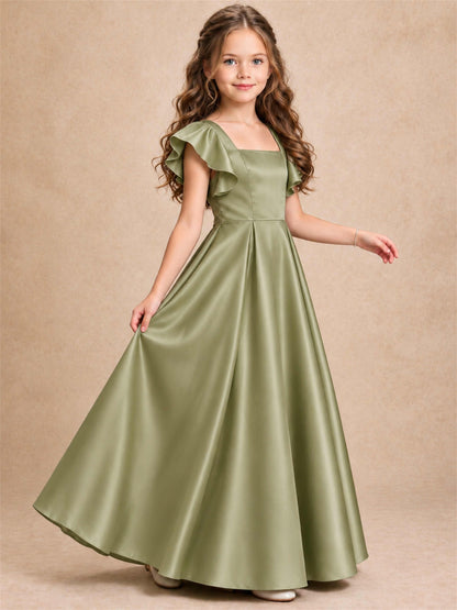 Satin Junior Bridesmaid Dress Ruffle Cap Sleeve Floor Length A Line Wedding Gown