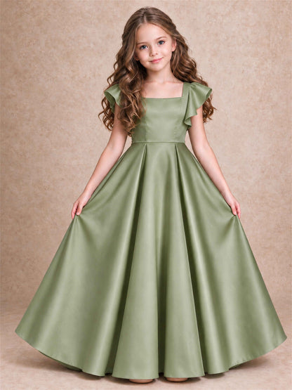 Satin Junior Bridesmaid Dress Ruffle Cap Sleeve Floor Length A Line Wedding Gown