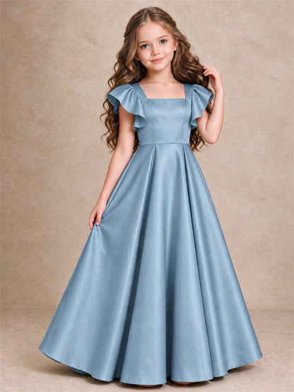 Satin Junior Bridesmaid Dress Ruffle Cap Sleeve Floor Length A Line Wedding Gown