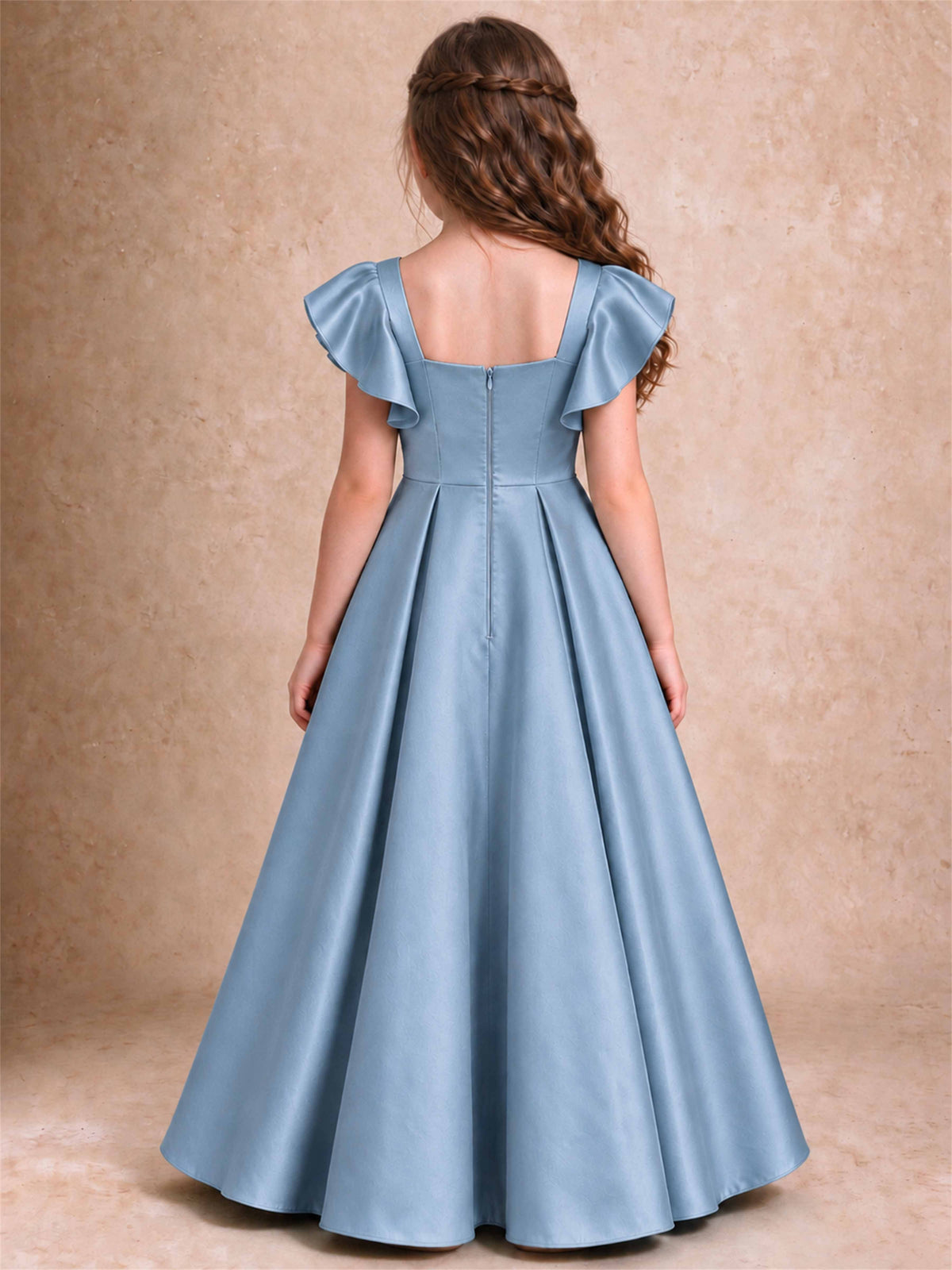 Satin Junior Bridesmaid Dress Ruffle Cap Sleeve Floor Length A Line Wedding Gown