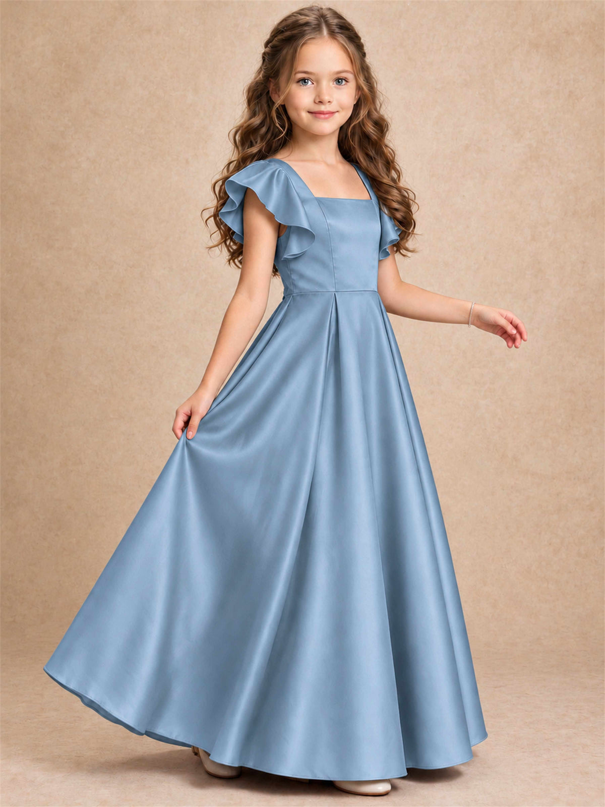 Satin Junior Bridesmaid Dress Ruffle Cap Sleeve Floor Length A Line Wedding Gown