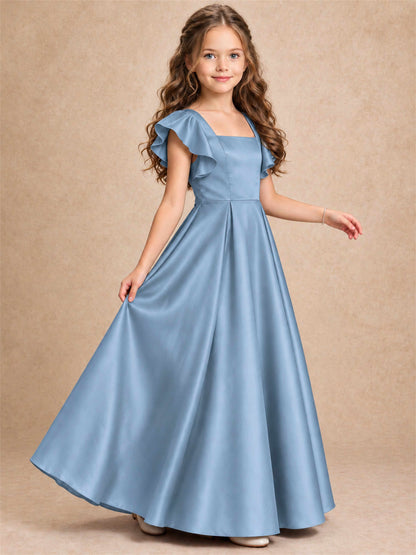 Satin Junior Bridesmaid Dress Ruffle Cap Sleeve Floor Length A Line Wedding Gown