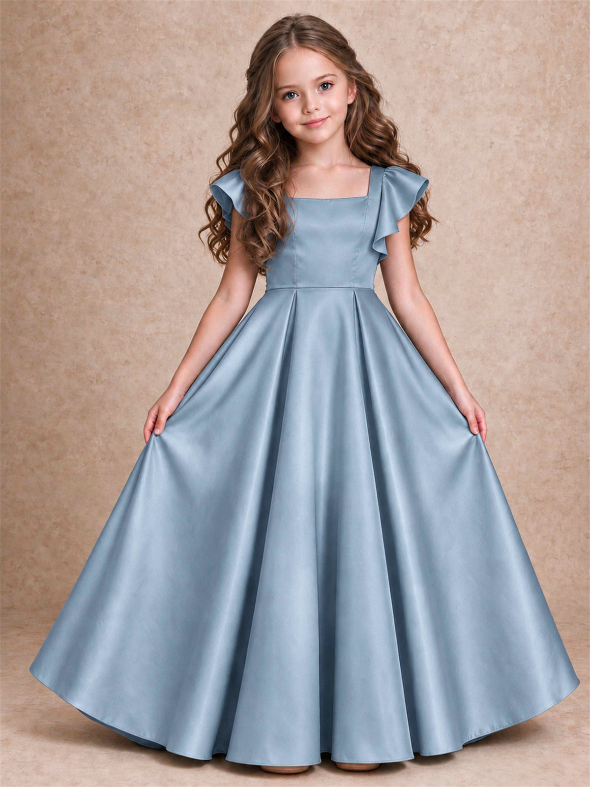 Satin Junior Bridesmaid Dress Ruffle Cap Sleeve Floor Length A Line Wedding Gown