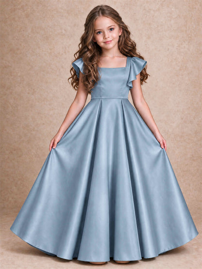 Satin Junior Bridesmaid Dress Ruffle Cap Sleeve Floor Length A Line Wedding Gown