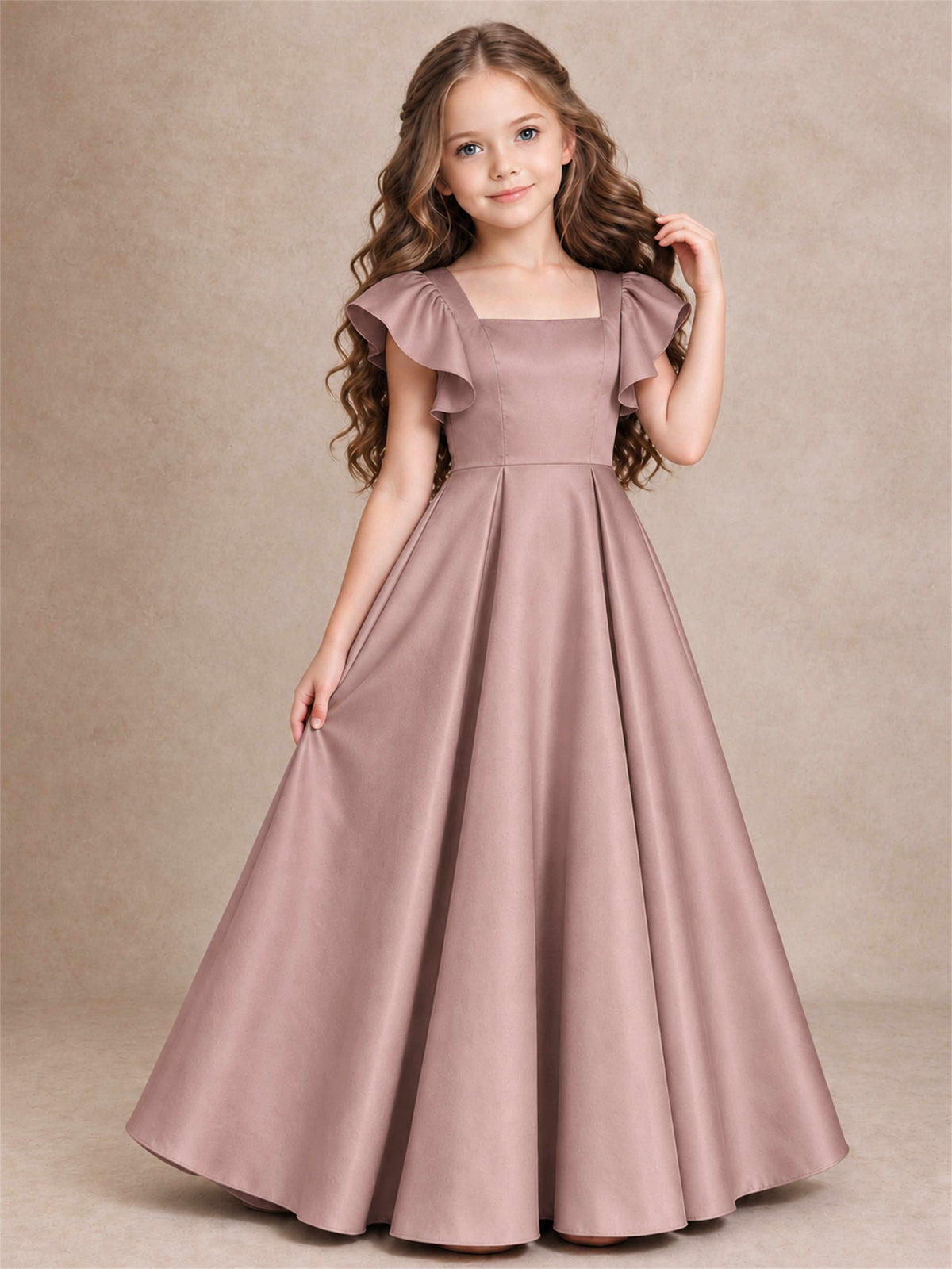 Satin Junior Bridesmaid Dress Ruffle Cap Sleeve Floor Length A Line Wedding Gown