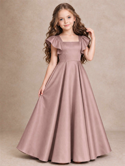 Satin Junior Bridesmaid Dress Ruffle Cap Sleeve Floor Length A Line Wedding Gown
