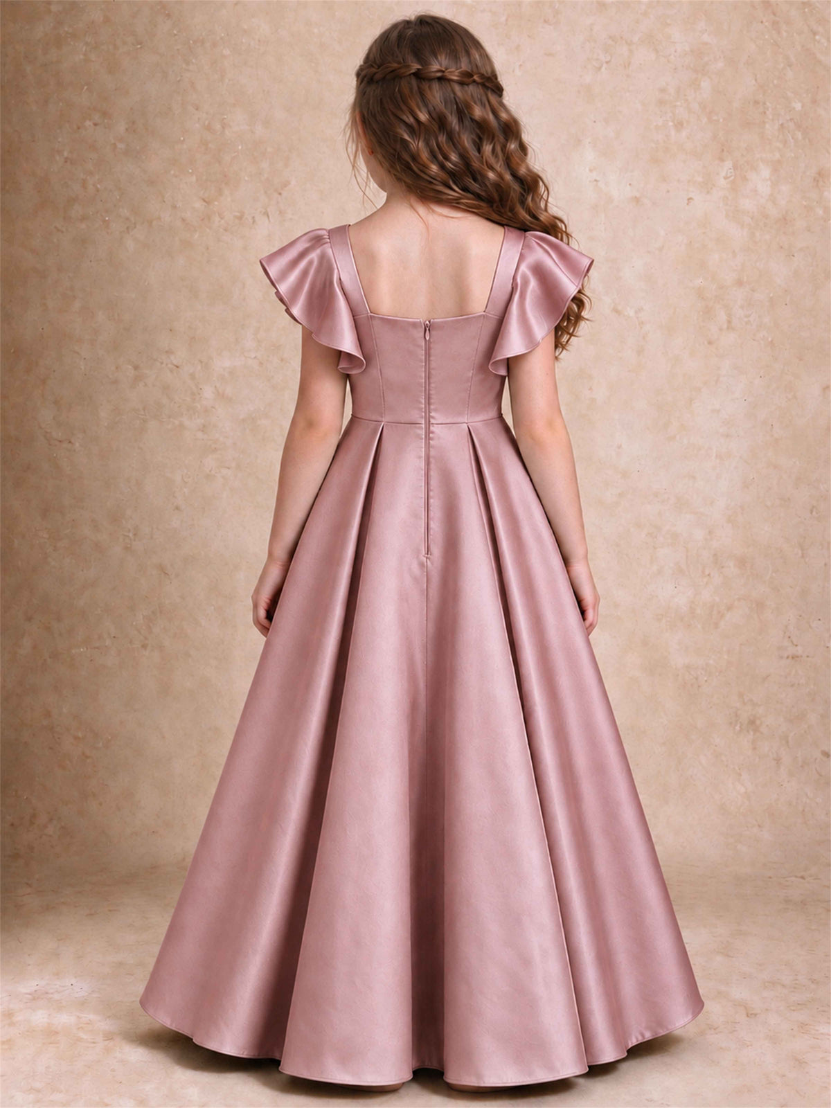 Satin Junior Bridesmaid Dress Ruffle Cap Sleeve Floor Length A Line Wedding Gown