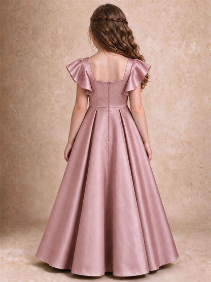 Satin Junior Bridesmaid Dress Ruffle Cap Sleeve Floor Length A Line Wedding Gown