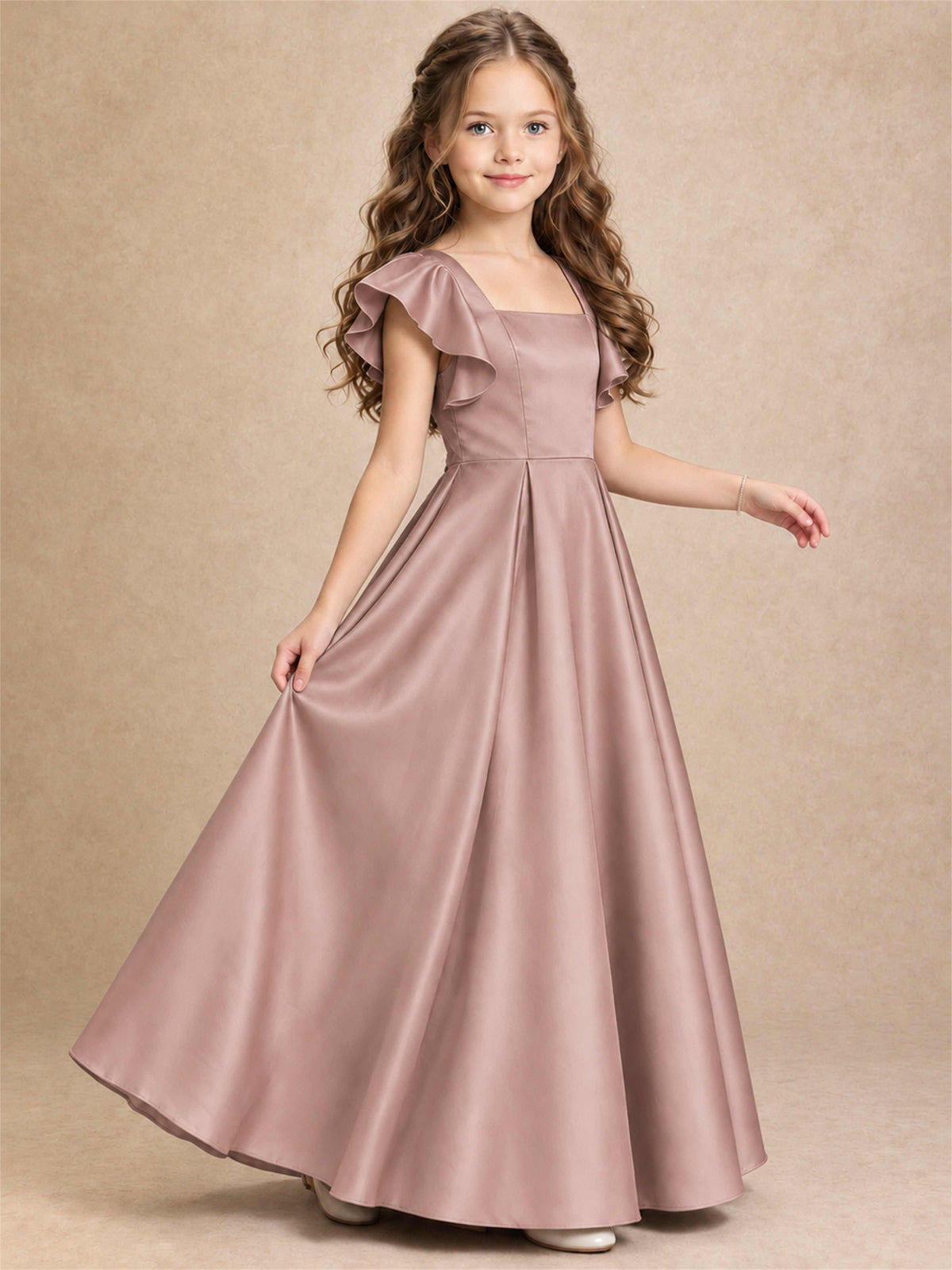 Satin Junior Bridesmaid Dress Ruffle Cap Sleeve Floor Length A Line Wedding Gown