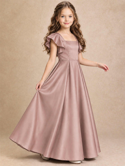Satin Junior Bridesmaid Dress Ruffle Cap Sleeve Floor Length A Line Wedding Gown