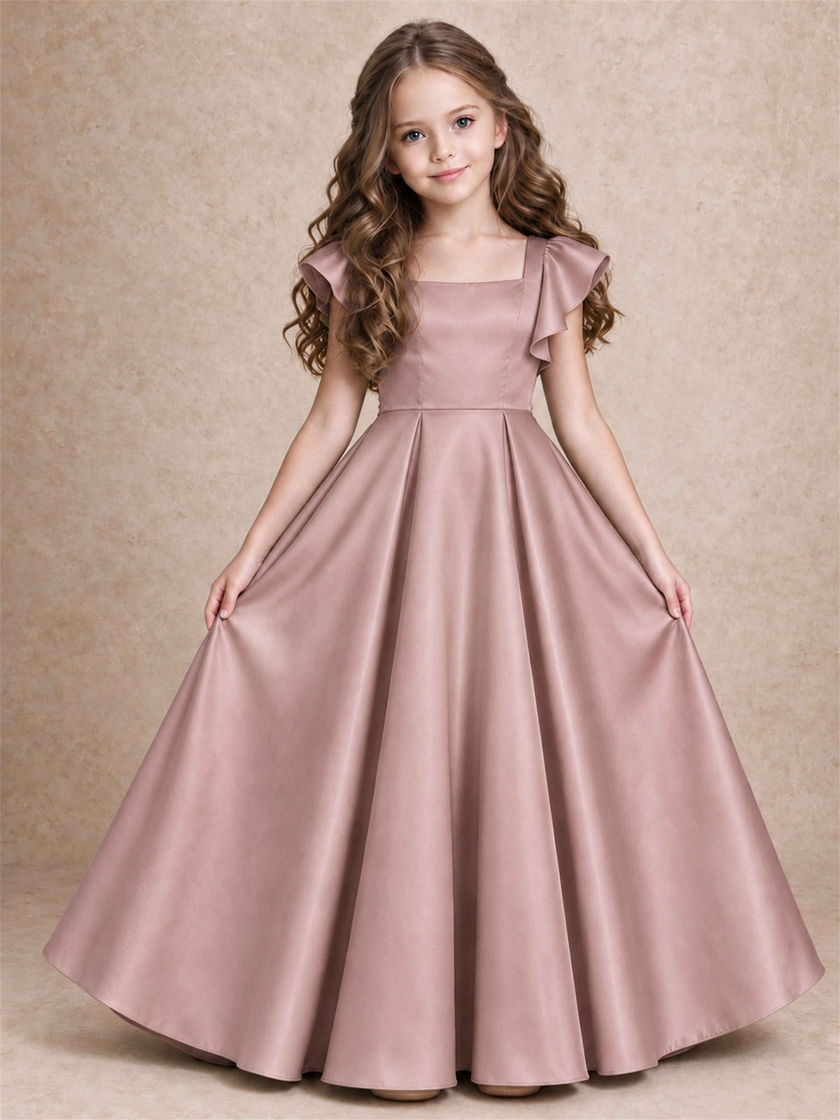 Satin Junior Bridesmaid Dress Ruffle Cap Sleeve Floor Length A Line Wedding Gown