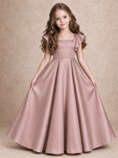 Satin Junior Bridesmaid Dress Ruffle Cap Sleeve Floor Length A Line Wedding Gown