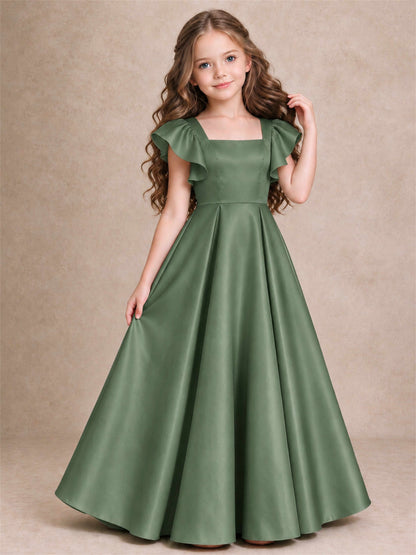 Satin Junior Bridesmaid Dress Ruffle Cap Sleeve Floor Length A Line Wedding Gown