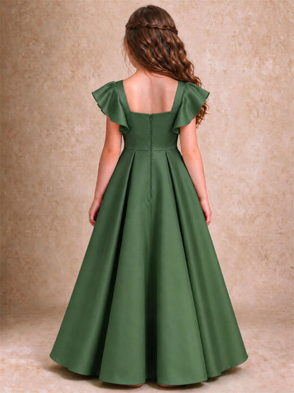 Satin Junior Bridesmaid Dress Ruffle Cap Sleeve Floor Length A Line Wedding Gown