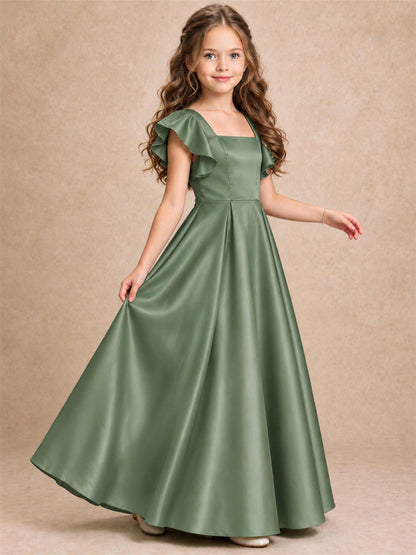 Satin Junior Bridesmaid Dress Ruffle Cap Sleeve Floor Length A Line Wedding Gown