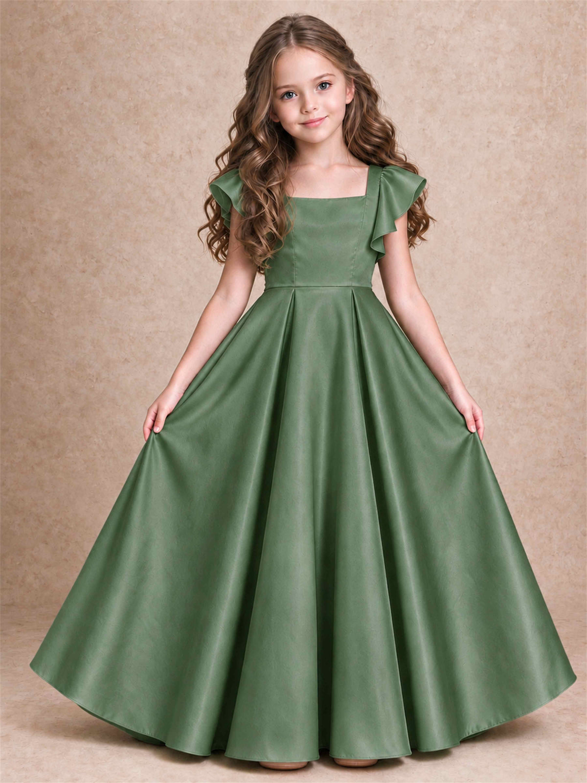 Satin Junior Bridesmaid Dress Ruffle Cap Sleeve Floor Length A Line Wedding Gown