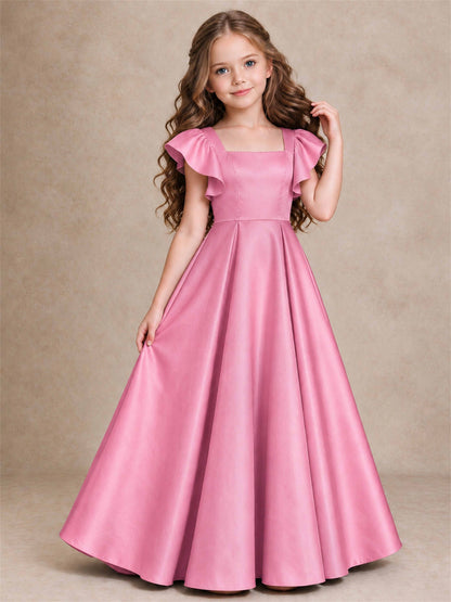 Satin Junior Bridesmaid Dress Ruffle Cap Sleeve Floor Length A Line Wedding Gown