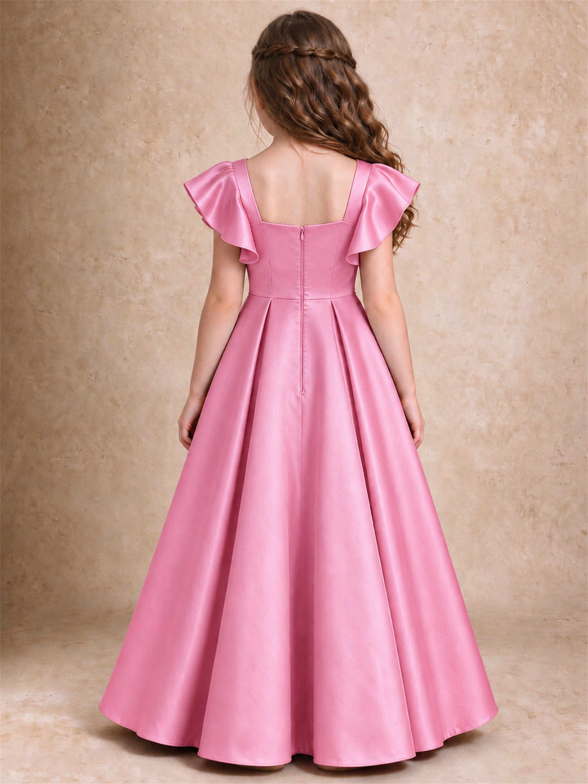 Satin Junior Bridesmaid Dress Ruffle Cap Sleeve Floor Length A Line Wedding Gown