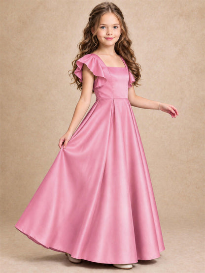 Satin Junior Bridesmaid Dress Ruffle Cap Sleeve Floor Length A Line Wedding Gown