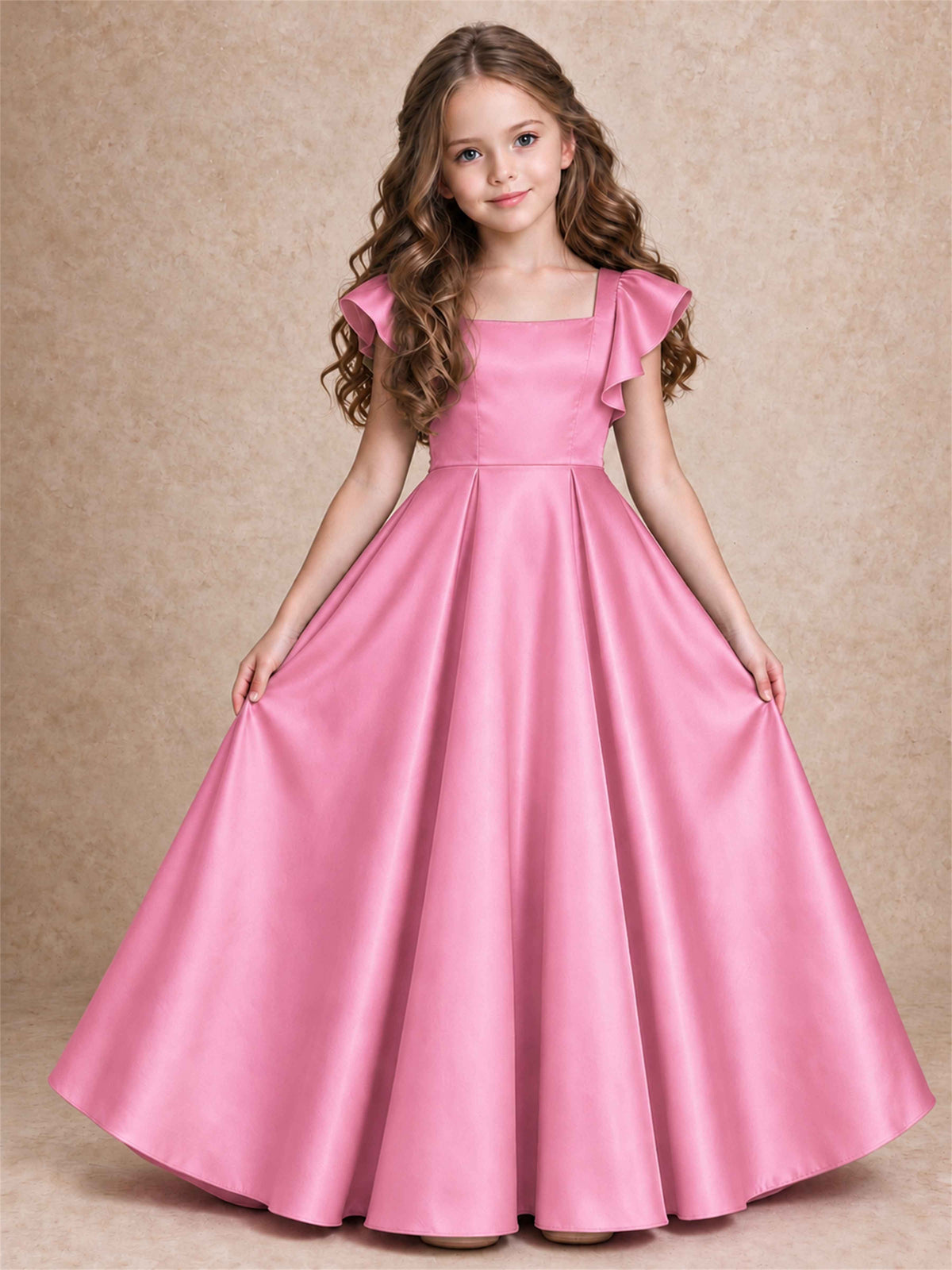 Satin Junior Bridesmaid Dress Ruffle Cap Sleeve Floor Length A Line Wedding Gown