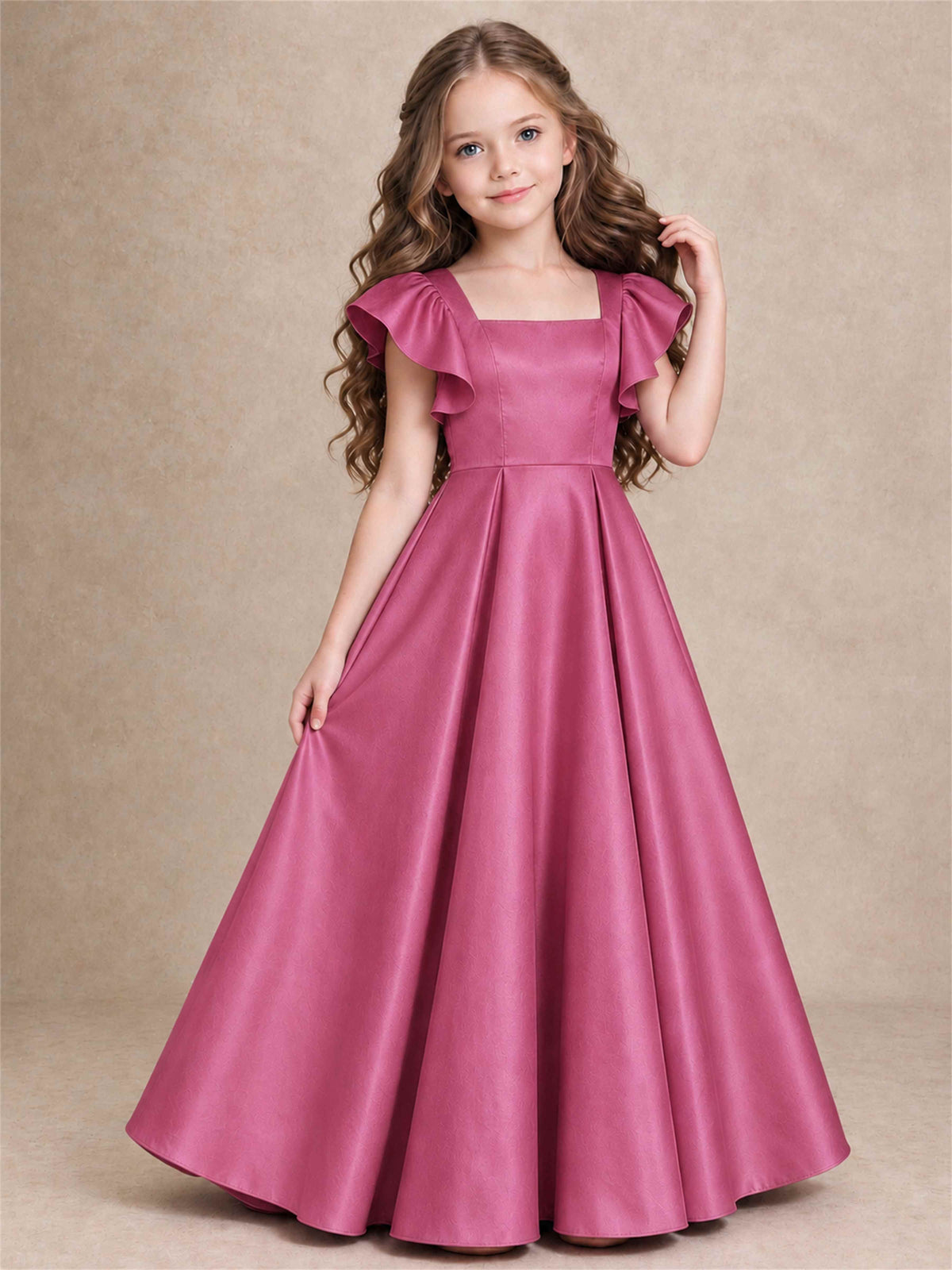 Satin Junior Bridesmaid Dress Ruffle Cap Sleeve Floor Length A Line Wedding Gown
