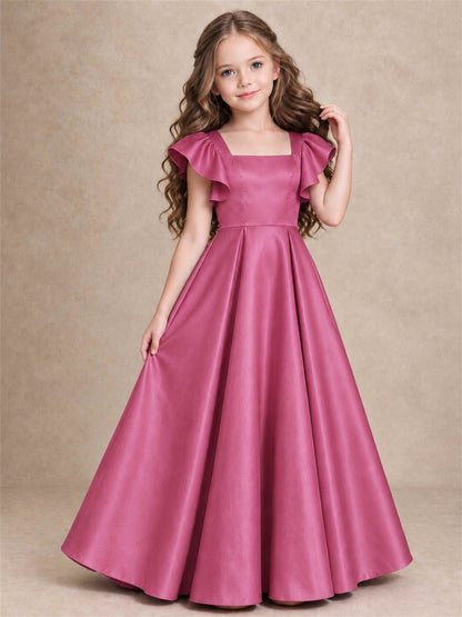 Satin Junior Bridesmaid Dress Ruffle Cap Sleeve Floor Length A Line Wedding Gown