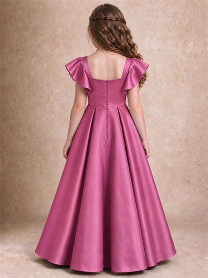 Satin Junior Bridesmaid Dress Ruffle Cap Sleeve Floor Length A Line Wedding Gown