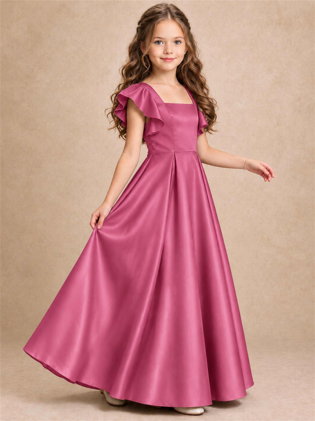 Satin Junior Bridesmaid Dress Ruffle Cap Sleeve Floor Length A Line Wedding Gown