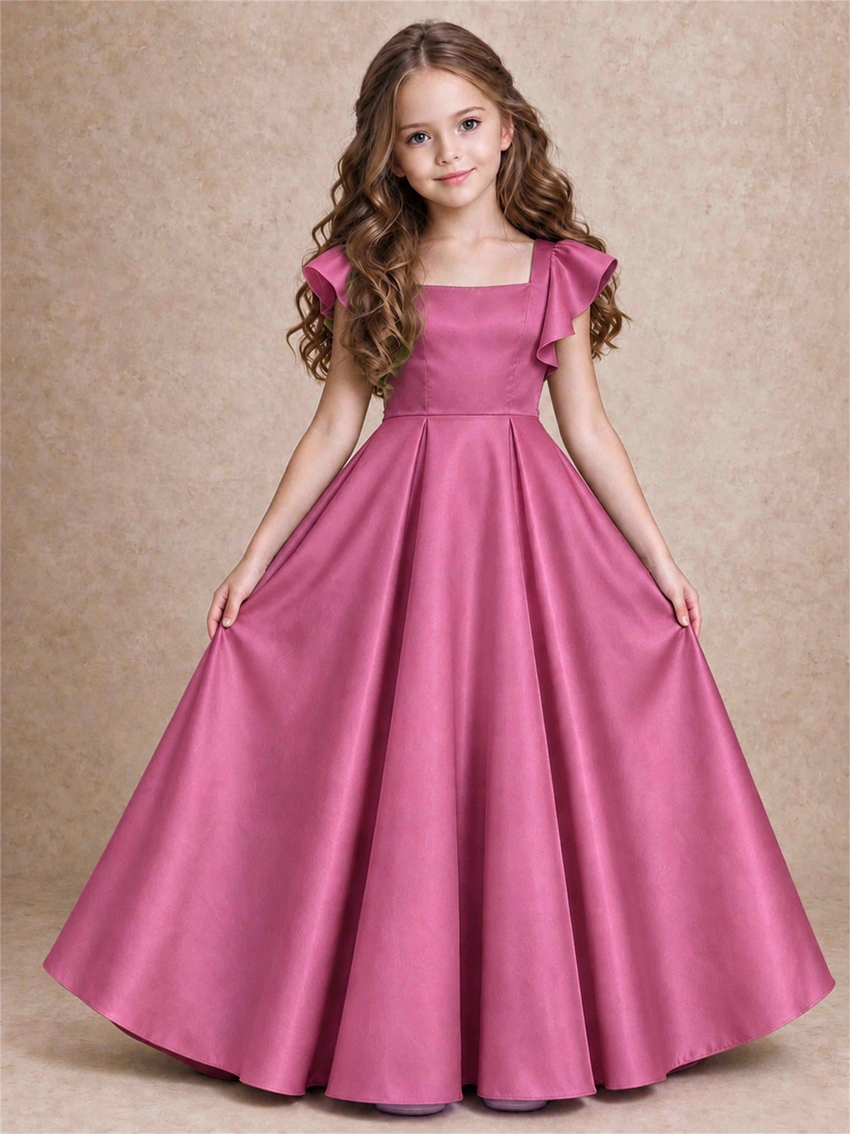 Satin Junior Bridesmaid Dress Ruffle Cap Sleeve Floor Length A Line Wedding Gown