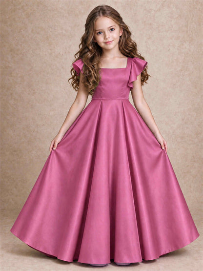 Satin Junior Bridesmaid Dress Ruffle Cap Sleeve Floor Length A Line Wedding Gown