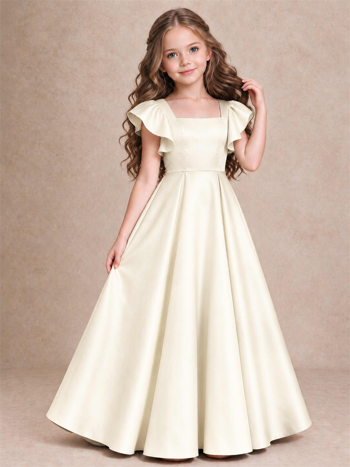Satin Junior Bridesmaid Dress Ruffle Cap Sleeve Floor Length A Line Wedding Gown