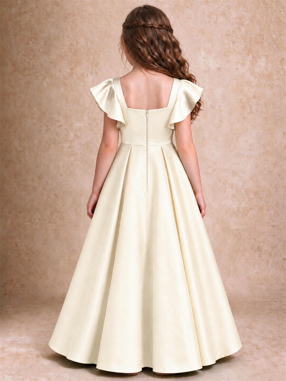Satin Junior Bridesmaid Dress Ruffle Cap Sleeve Floor Length A Line Wedding Gown