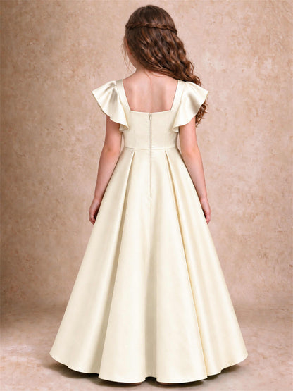 Satin Junior Bridesmaid Dress Ruffle Cap Sleeve Floor Length A Line Wedding Gown
