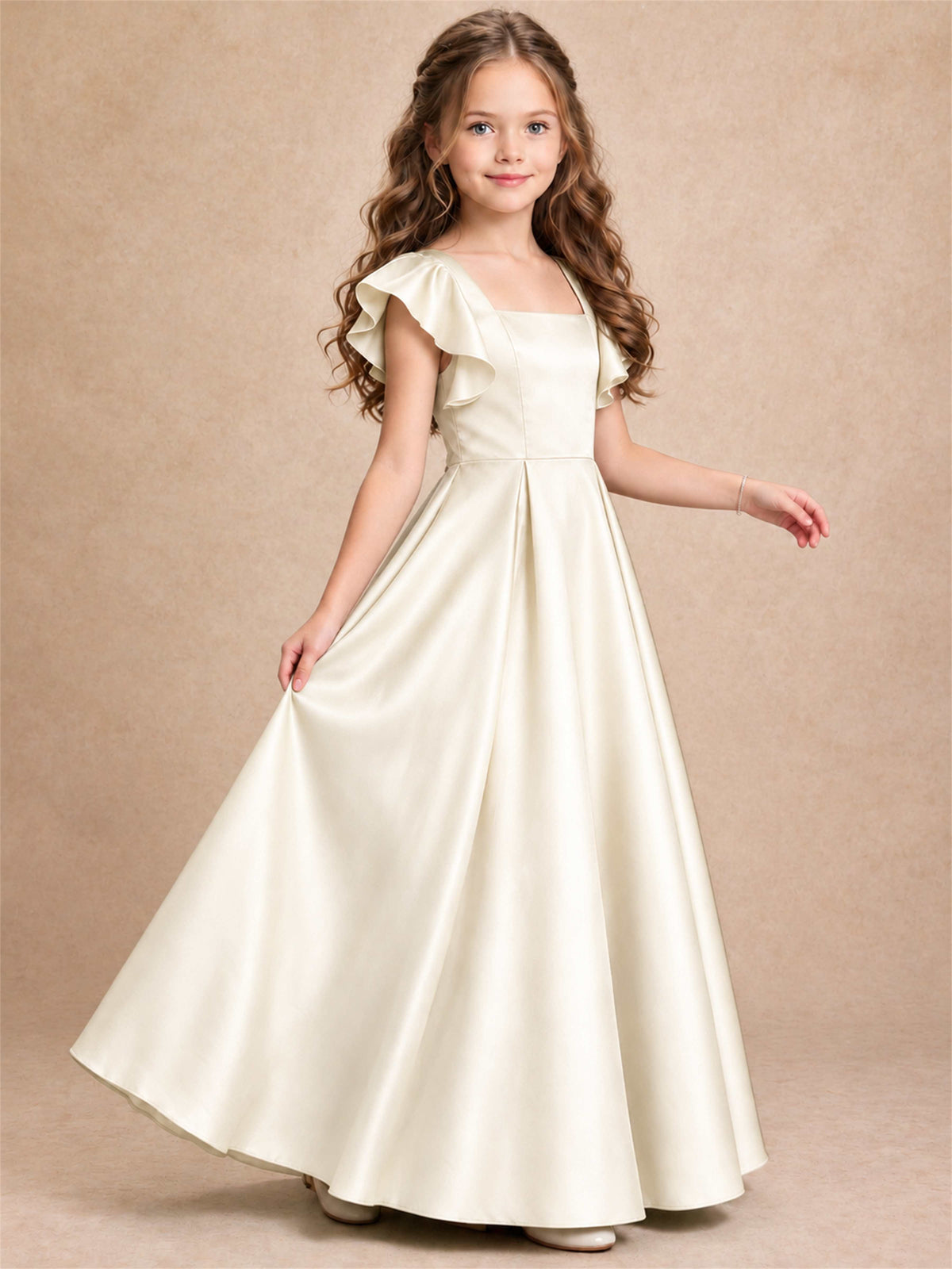 Satin Junior Bridesmaid Dress Ruffle Cap Sleeve Floor Length A Line Wedding Gown