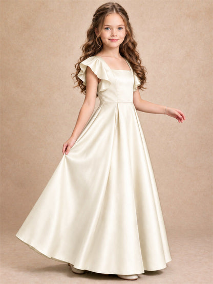 Satin Junior Bridesmaid Dress Ruffle Cap Sleeve Floor Length A Line Wedding Gown