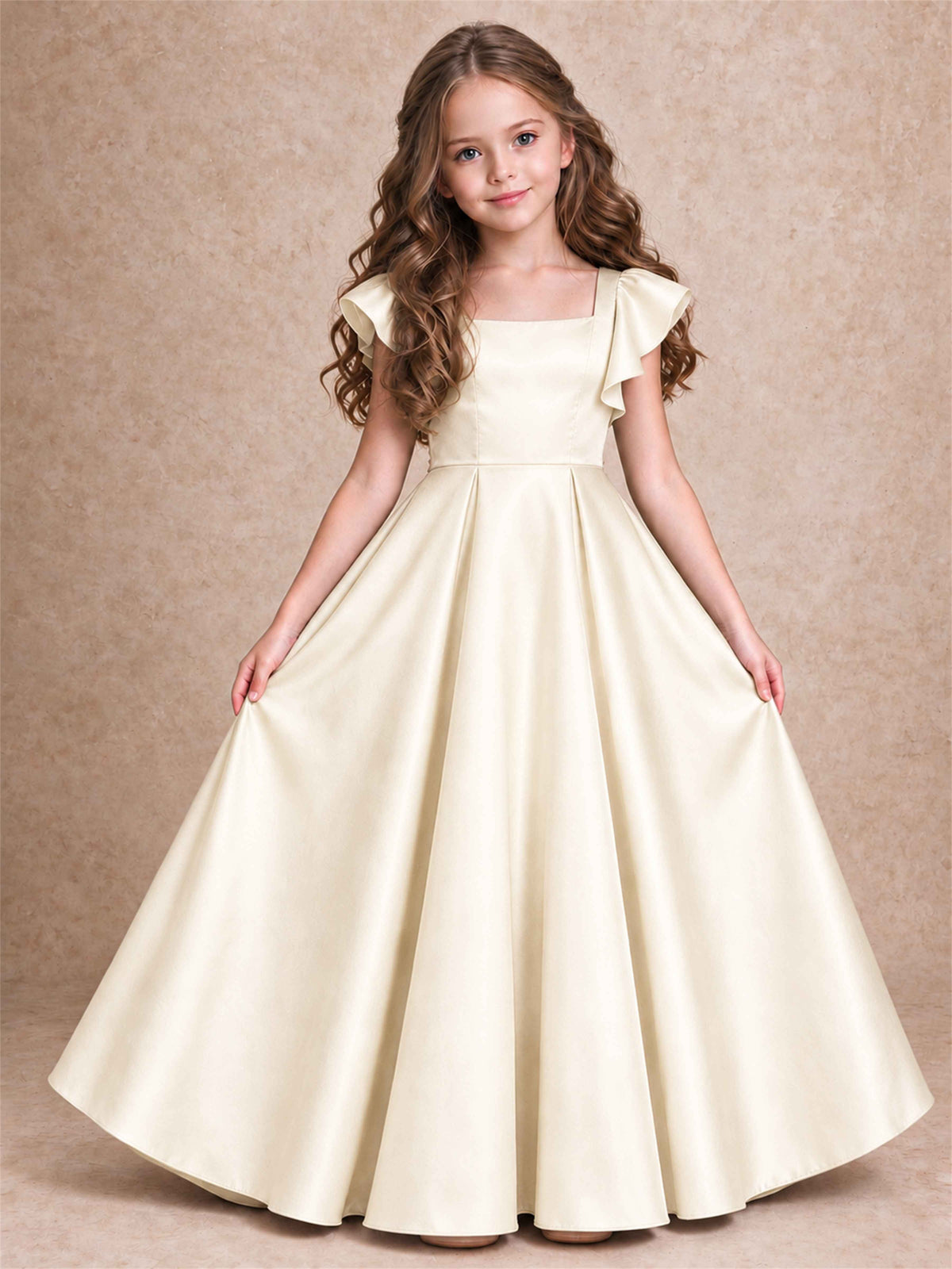 Satin Junior Bridesmaid Dress Ruffle Cap Sleeve Floor Length A Line Wedding Gown