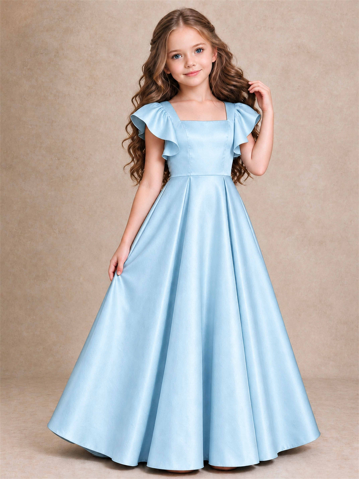 Satin Junior Bridesmaid Dress Ruffle Cap Sleeve Floor Length A Line Wedding Gown