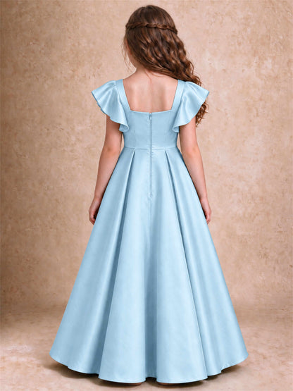 Satin Junior Bridesmaid Dress Ruffle Cap Sleeve Floor Length A Line Wedding Gown