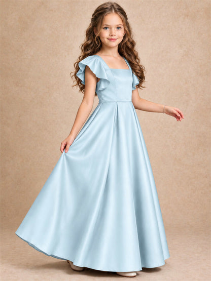 Satin Junior Bridesmaid Dress Ruffle Cap Sleeve Floor Length A Line Wedding Gown