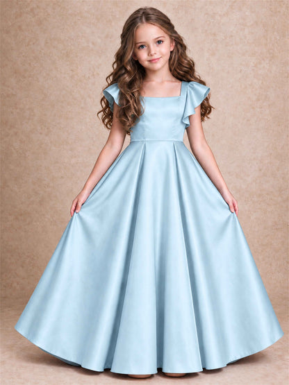 Satin Junior Bridesmaid Dress Ruffle Cap Sleeve Floor Length A Line Wedding Gown
