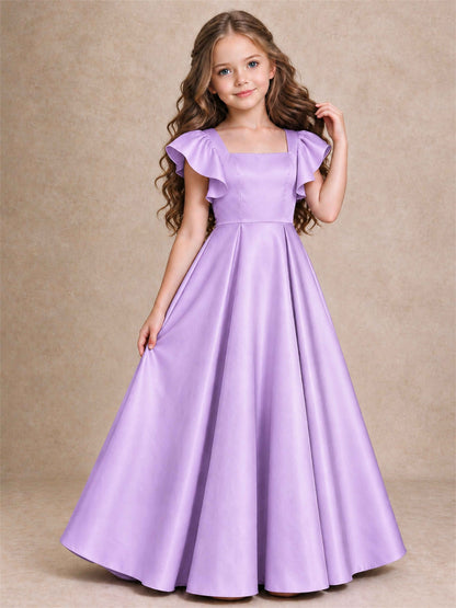 Satin Junior Bridesmaid Dress Ruffle Cap Sleeve Floor Length A Line Wedding Gown